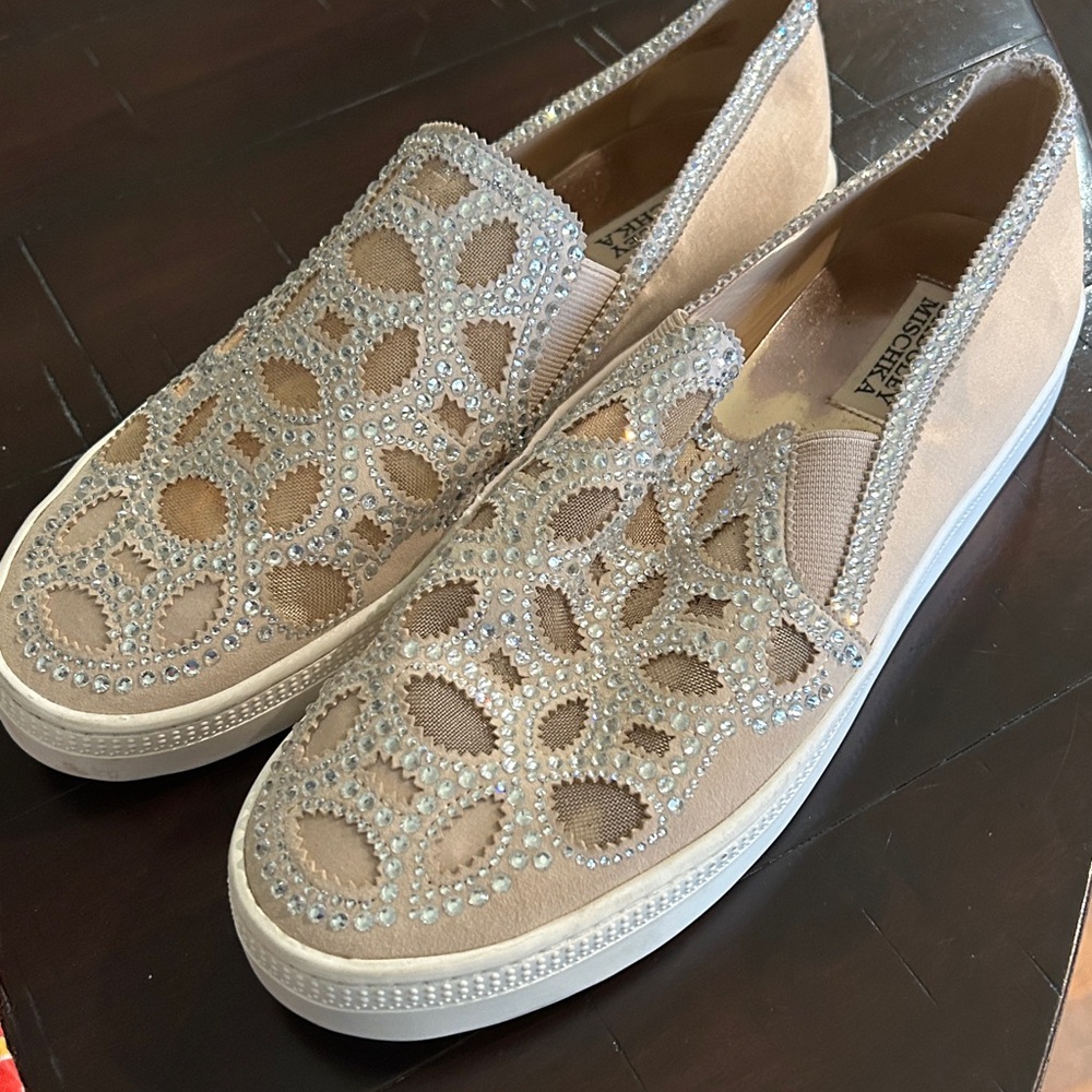 Badgley Mischka Taupe Crystal-Embellished Loafers